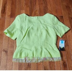 Vintage Althuser Green Linen Blazer Short Sleeve Button Back Floral Trim USA 6